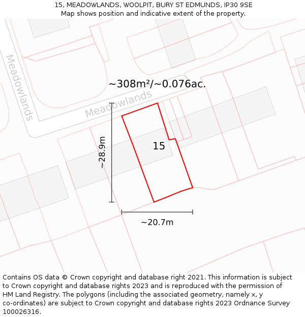 15, MEADOWLANDS, WOOLPIT, BURY ST EDMUNDS, IP30 9SE: Plot and title map
