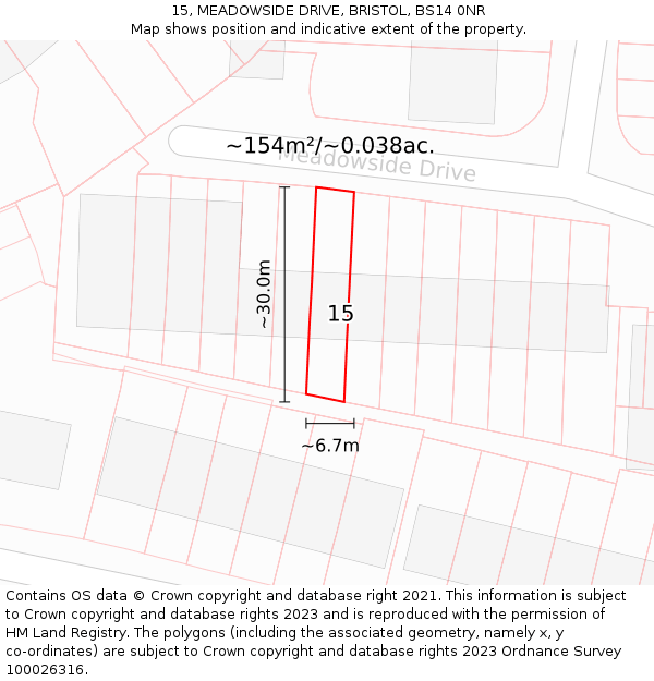 15, MEADOWSIDE DRIVE, BRISTOL, BS14 0NR: Plot and title map