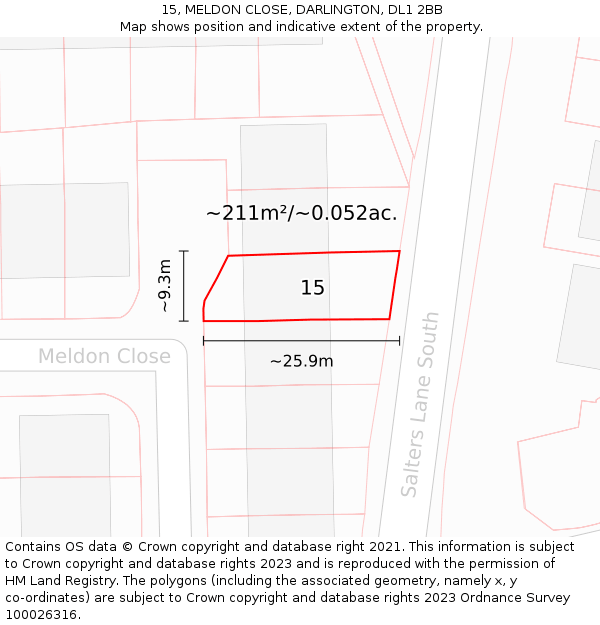 15, MELDON CLOSE, DARLINGTON, DL1 2BB: Plot and title map