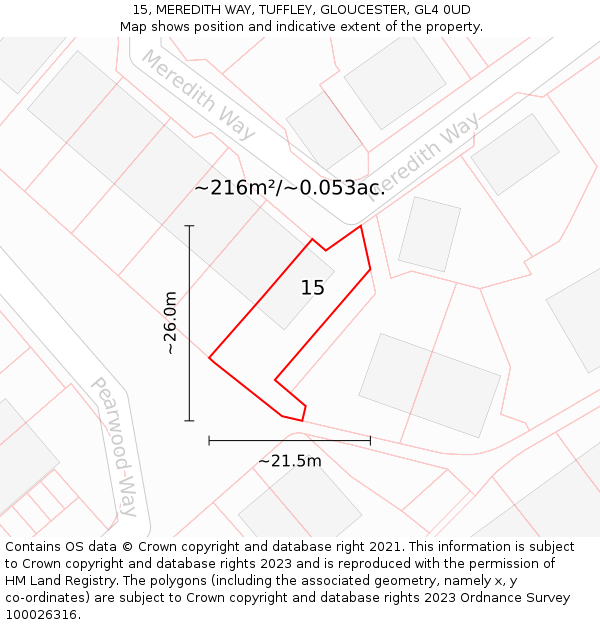15, MEREDITH WAY, TUFFLEY, GLOUCESTER, GL4 0UD: Plot and title map