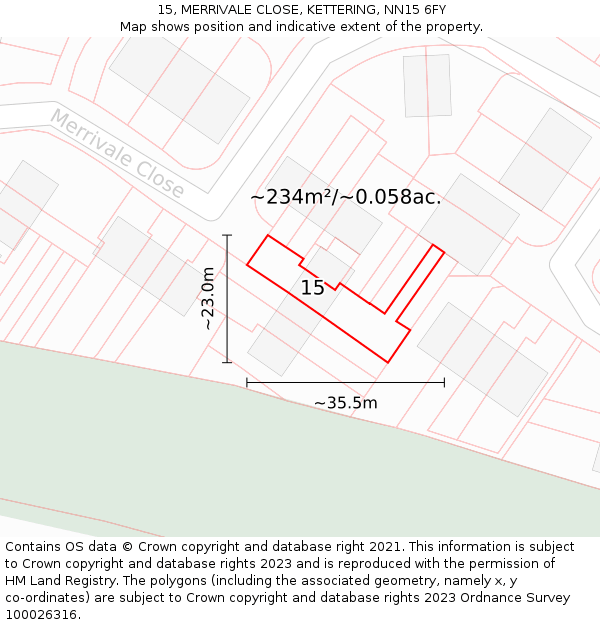 15, MERRIVALE CLOSE, KETTERING, NN15 6FY: Plot and title map