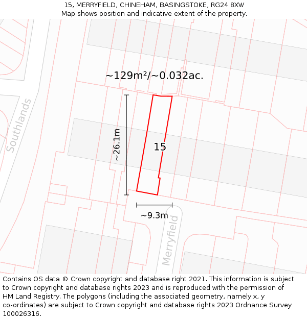 15, MERRYFIELD, CHINEHAM, BASINGSTOKE, RG24 8XW: Plot and title map