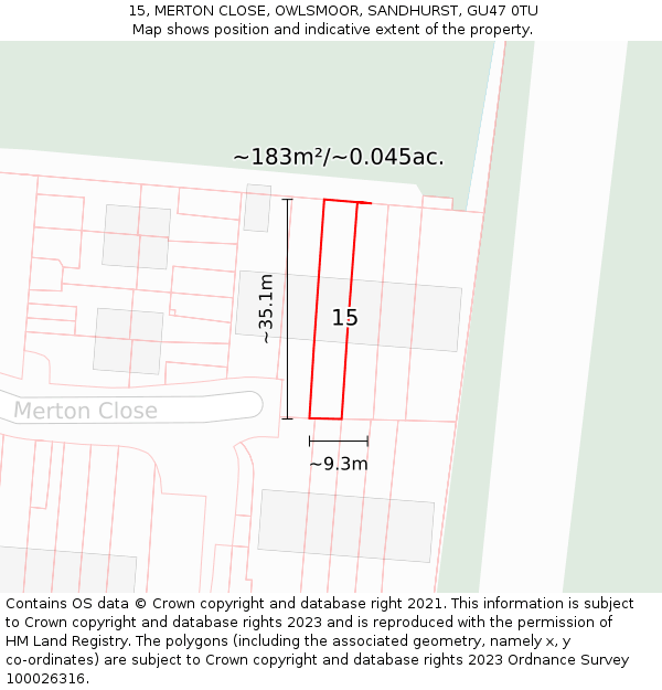 15, MERTON CLOSE, OWLSMOOR, SANDHURST, GU47 0TU: Plot and title map