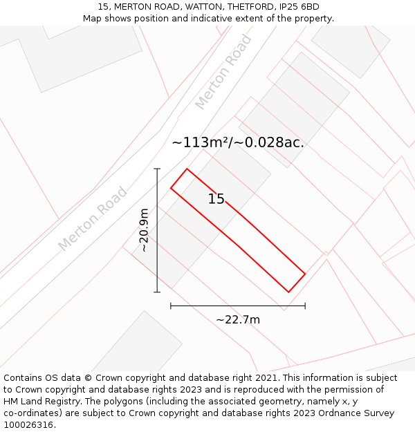 15, MERTON ROAD, WATTON, THETFORD, IP25 6BD: Plot and title map