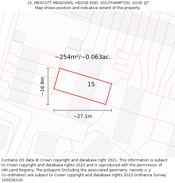 15, MESCOTT MEADOWS, HEDGE END, SOUTHAMPTON, SO30 2JT: Plot and title map