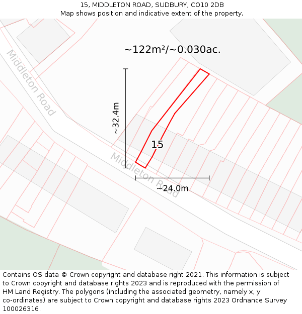 15, MIDDLETON ROAD, SUDBURY, CO10 2DB: Plot and title map