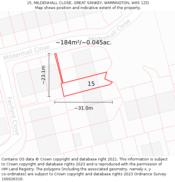 15, MILDENHALL CLOSE, GREAT SANKEY, WARRINGTON, WA5 1ZD: Plot and title map