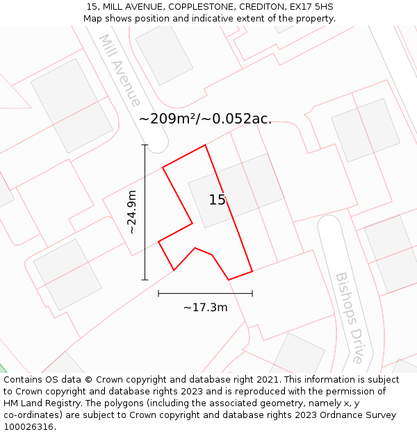 15, MILL AVENUE, COPPLESTONE, CREDITON, EX17 5HS: Plot and title map