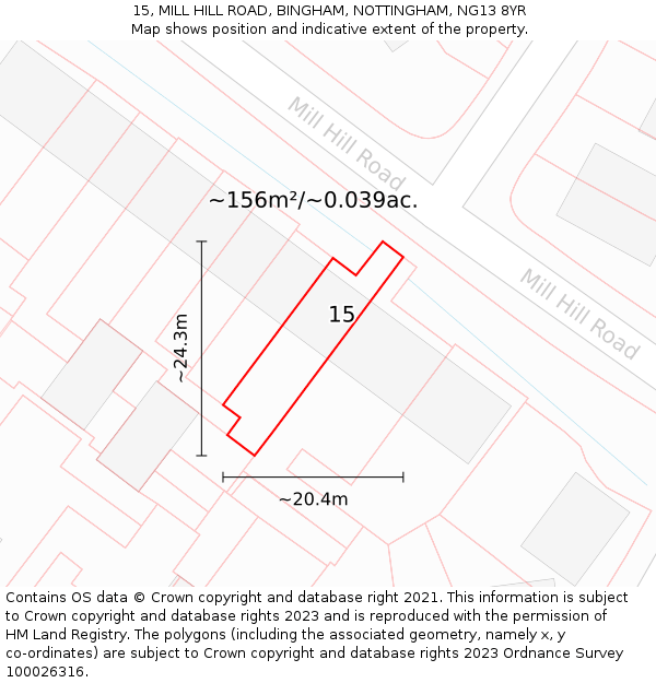15, MILL HILL ROAD, BINGHAM, NOTTINGHAM, NG13 8YR: Plot and title map