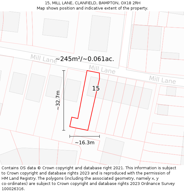 15, MILL LANE, CLANFIELD, BAMPTON, OX18 2RH: Plot and title map