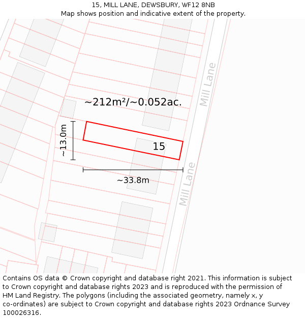 15, MILL LANE, DEWSBURY, WF12 8NB: Plot and title map