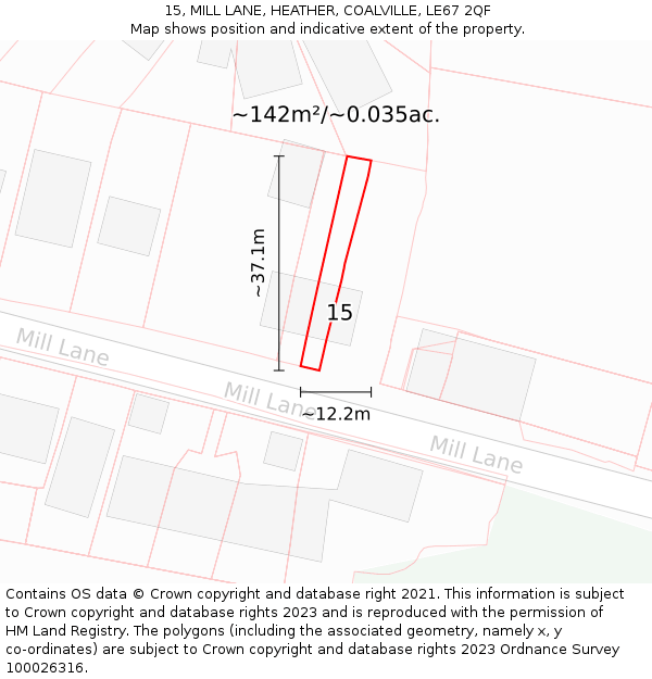 15, MILL LANE, HEATHER, COALVILLE, LE67 2QF: Plot and title map