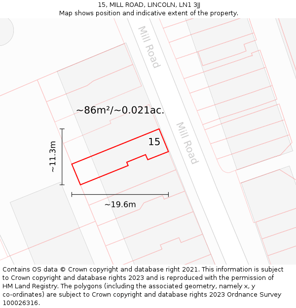 15, MILL ROAD, LINCOLN, LN1 3JJ: Plot and title map