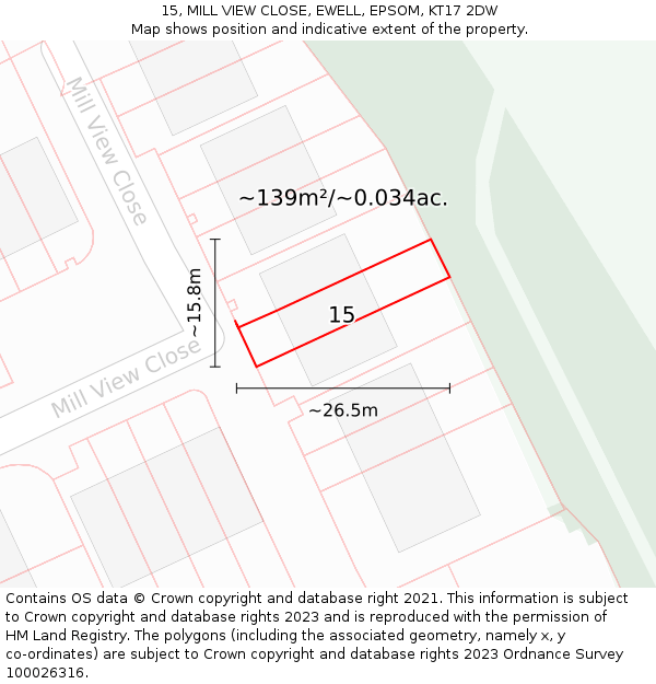 15, MILL VIEW CLOSE, EWELL, EPSOM, KT17 2DW: Plot and title map