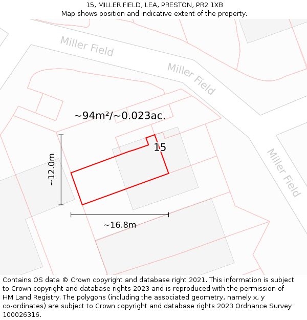 15, MILLER FIELD, LEA, PRESTON, PR2 1XB: Plot and title map