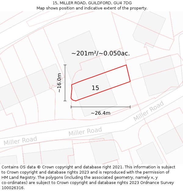 15, MILLER ROAD, GUILDFORD, GU4 7DG: Plot and title map