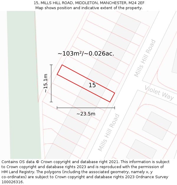 15, MILLS HILL ROAD, MIDDLETON, MANCHESTER, M24 2EF: Plot and title map