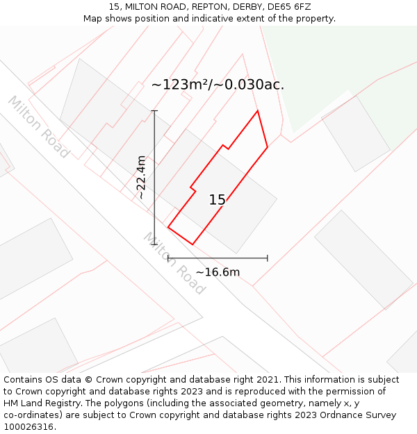 15, MILTON ROAD, REPTON, DERBY, DE65 6FZ: Plot and title map