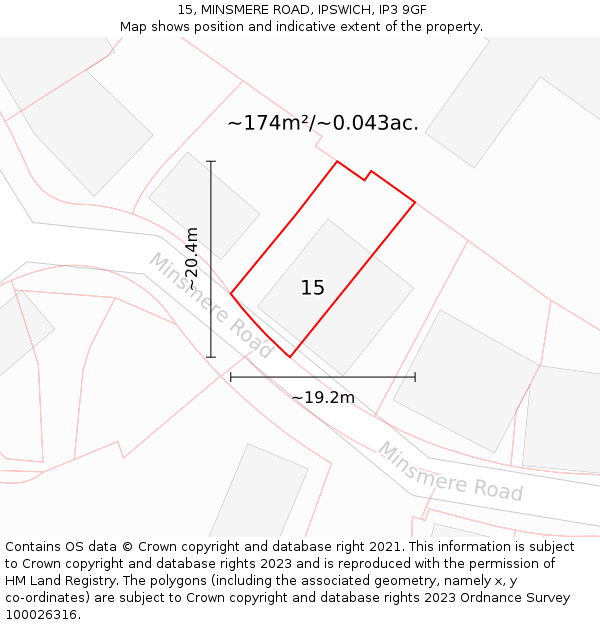 15, MINSMERE ROAD, IPSWICH, IP3 9GF: Plot and title map