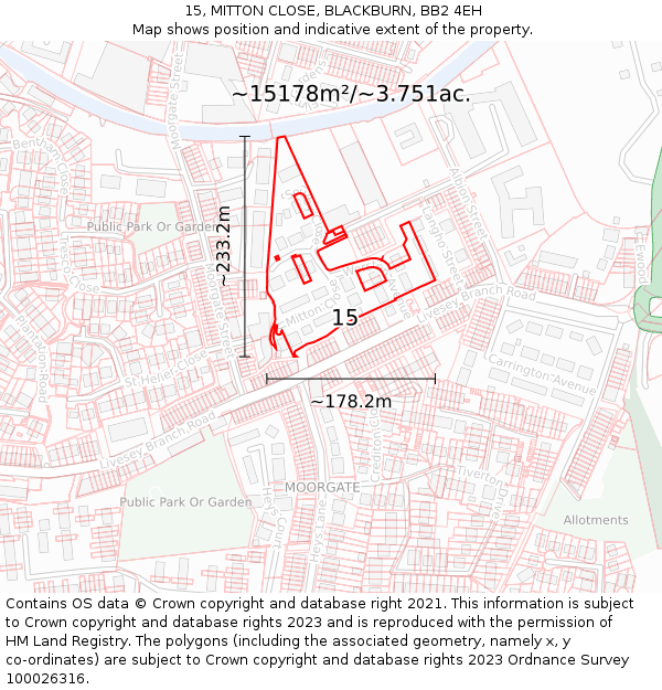 15, MITTON CLOSE, BLACKBURN, BB2 4EH: Plot and title map