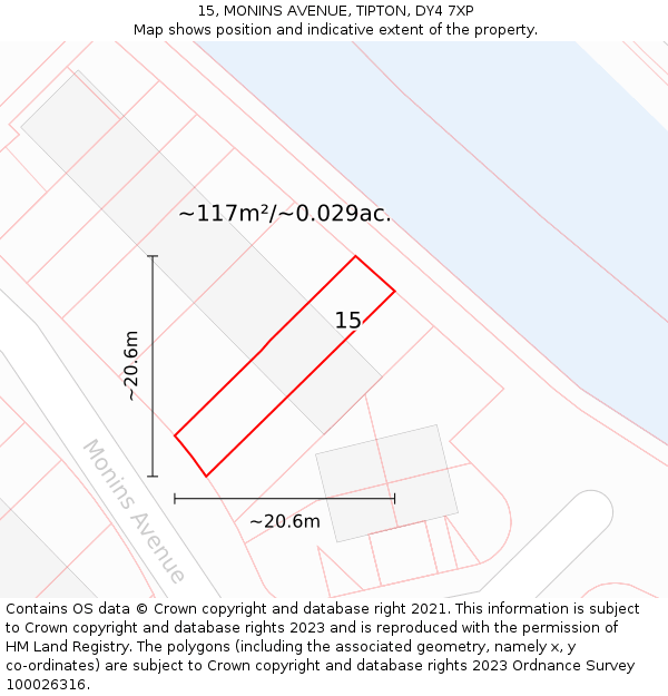 15, MONINS AVENUE, TIPTON, DY4 7XP: Plot and title map