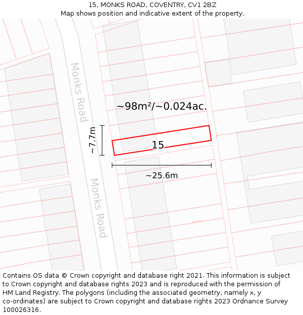 15, MONKS ROAD, COVENTRY, CV1 2BZ: Plot and title map