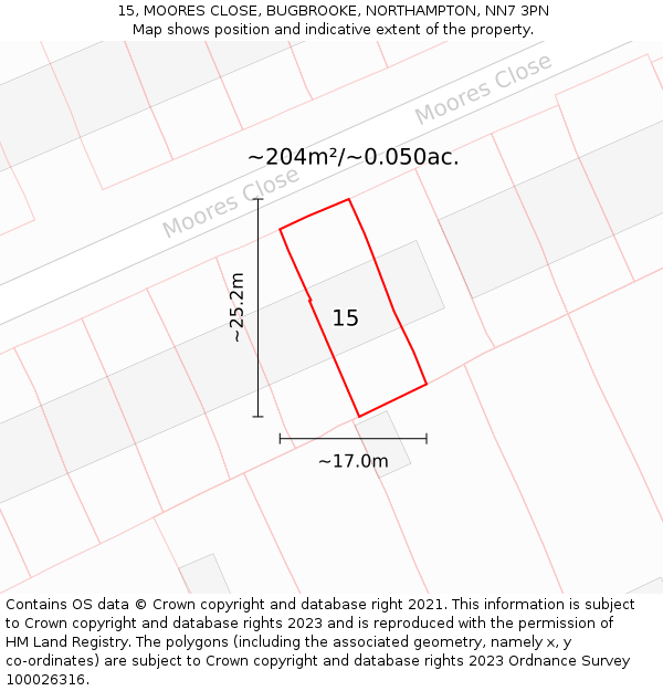 15, MOORES CLOSE, BUGBROOKE, NORTHAMPTON, NN7 3PN: Plot and title map