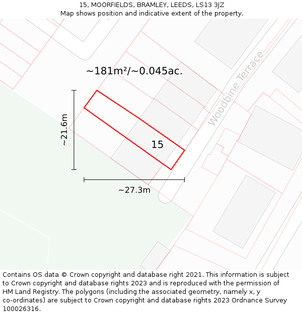 15, MOORFIELDS, BRAMLEY, LEEDS, LS13 3JZ: Plot and title map