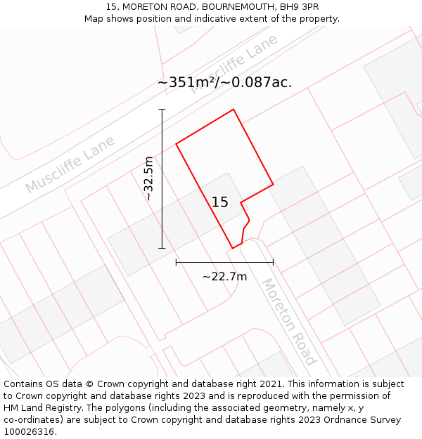 15, MORETON ROAD, BOURNEMOUTH, BH9 3PR: Plot and title map