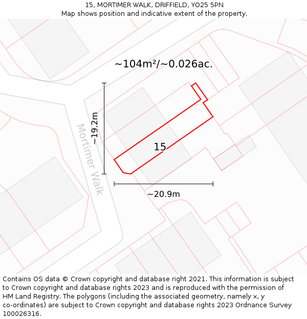 15, MORTIMER WALK, DRIFFIELD, YO25 5PN: Plot and title map