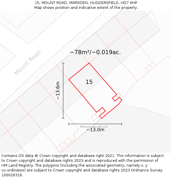 15, MOUNT ROAD, MARSDEN, HUDDERSFIELD, HD7 6HP: Plot and title map