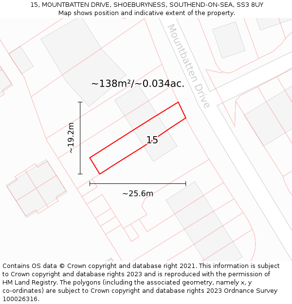 15, MOUNTBATTEN DRIVE, SHOEBURYNESS, SOUTHEND-ON-SEA, SS3 8UY: Plot and title map