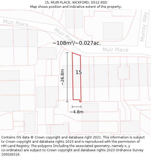 15, MUIR PLACE, WICKFORD, SS12 9SD: Plot and title map