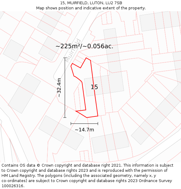 15, MUIRFIELD, LUTON, LU2 7SB: Plot and title map