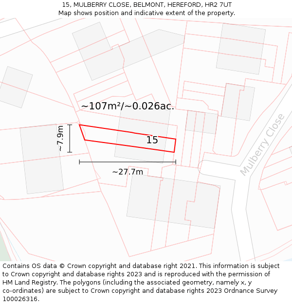 15, MULBERRY CLOSE, BELMONT, HEREFORD, HR2 7UT: Plot and title map