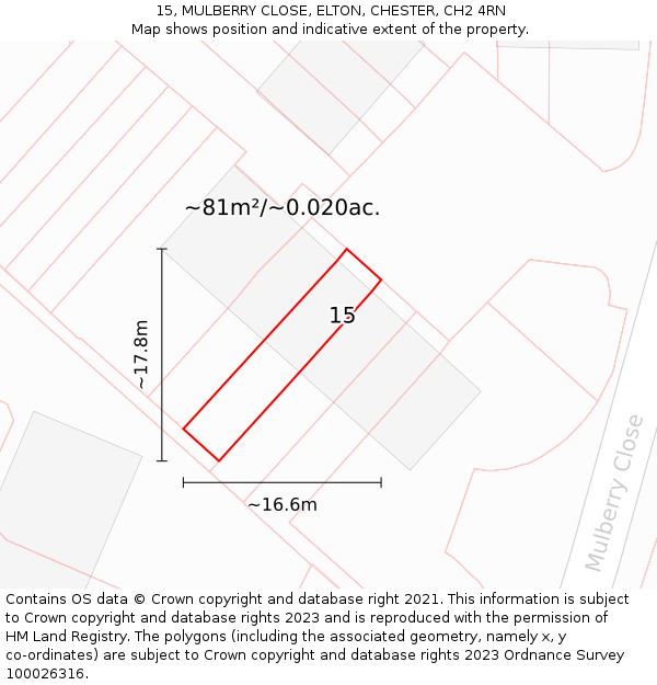 15, MULBERRY CLOSE, ELTON, CHESTER, CH2 4RN: Plot and title map