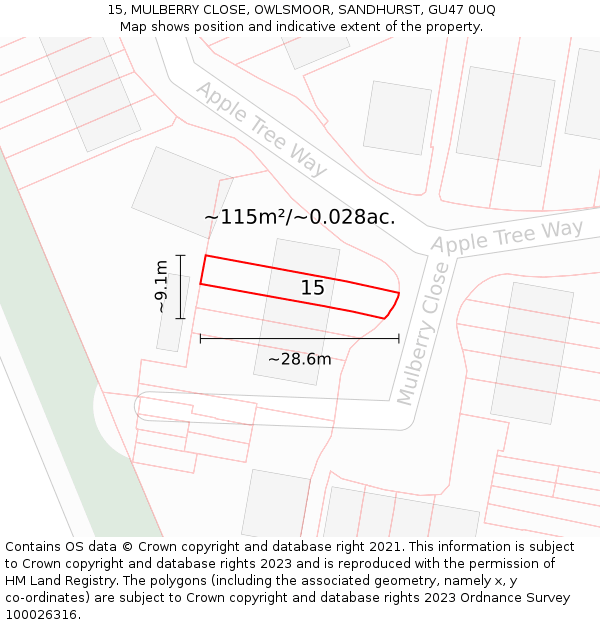 15, MULBERRY CLOSE, OWLSMOOR, SANDHURST, GU47 0UQ: Plot and title map