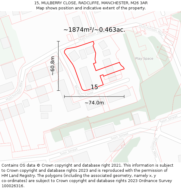 15, MULBERRY CLOSE, RADCLIFFE, MANCHESTER, M26 3AR: Plot and title map
