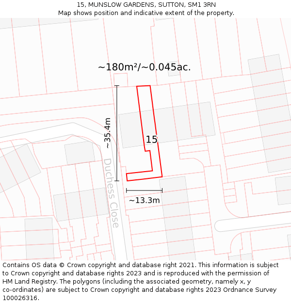 15, MUNSLOW GARDENS, SUTTON, SM1 3RN: Plot and title map