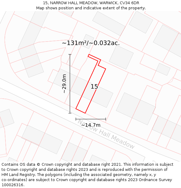 15, NARROW HALL MEADOW, WARWICK, CV34 6DR: Plot and title map