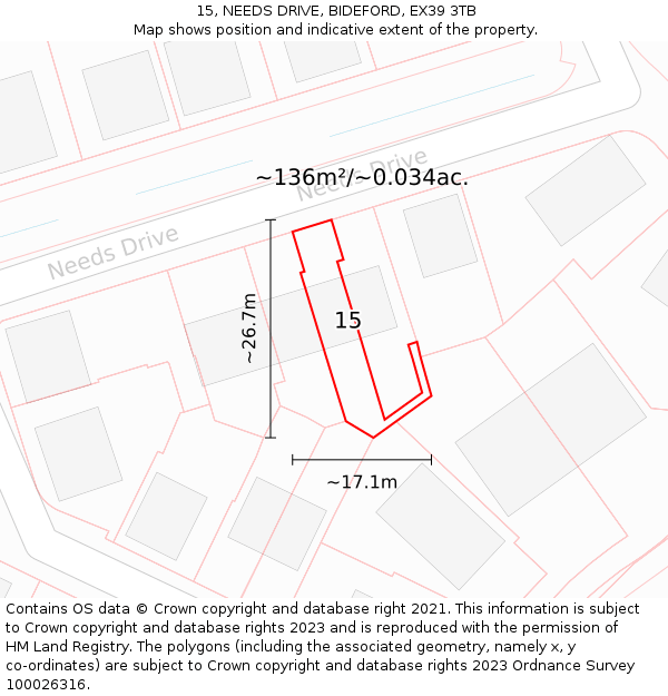 15, NEEDS DRIVE, BIDEFORD, EX39 3TB: Plot and title map