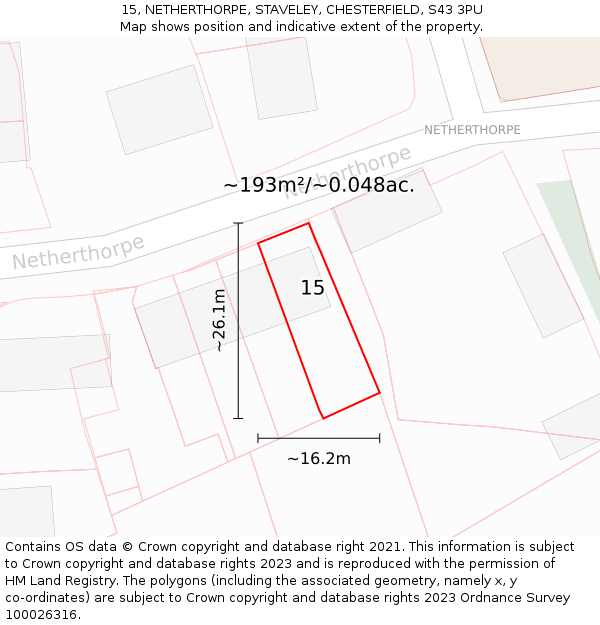 15, NETHERTHORPE, STAVELEY, CHESTERFIELD, S43 3PU: Plot and title map