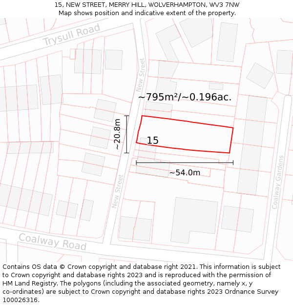 15, NEW STREET, MERRY HILL, WOLVERHAMPTON, WV3 7NW: Plot and title map
