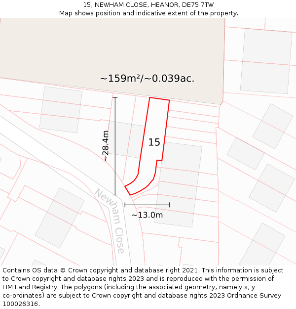 15, NEWHAM CLOSE, HEANOR, DE75 7TW: Plot and title map