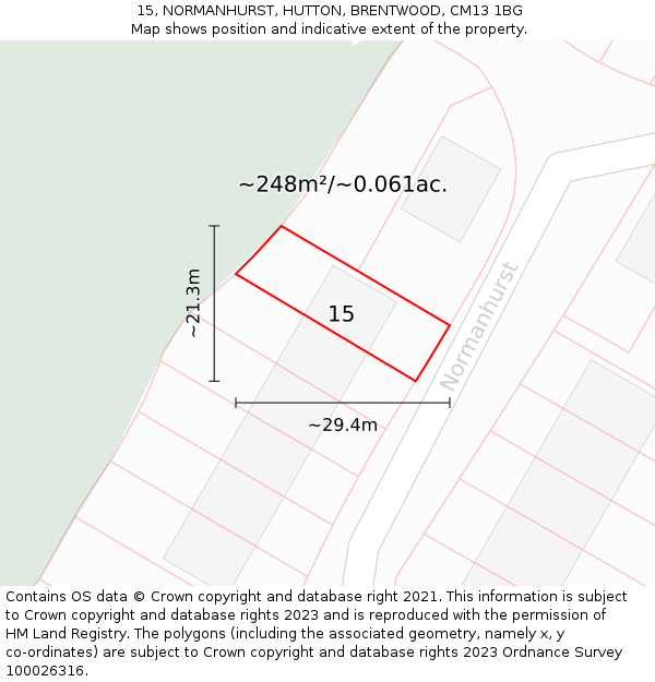 15, NORMANHURST, HUTTON, BRENTWOOD, CM13 1BG: Plot and title map