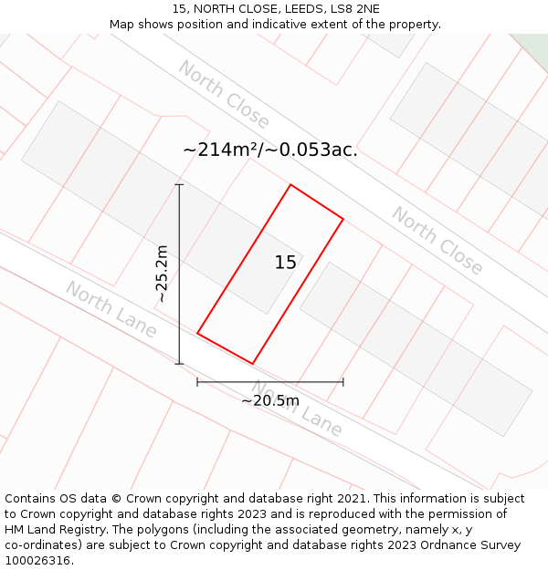 15, NORTH CLOSE, LEEDS, LS8 2NE: Plot and title map