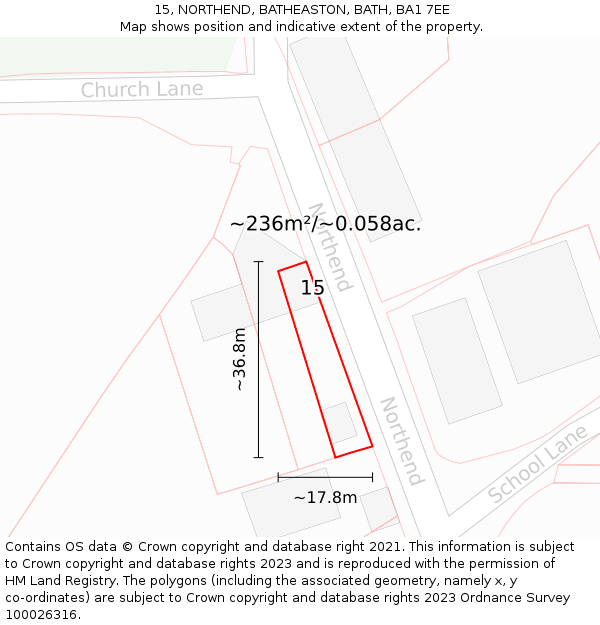 15, NORTHEND, BATHEASTON, BATH, BA1 7EE: Plot and title map