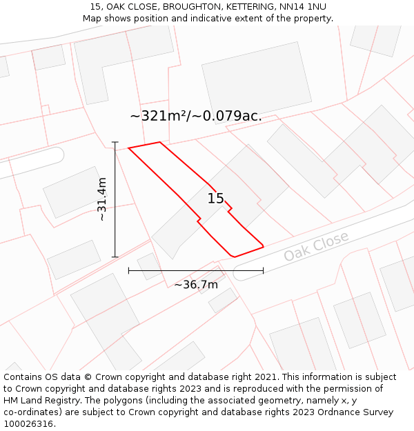 15, OAK CLOSE, BROUGHTON, KETTERING, NN14 1NU: Plot and title map