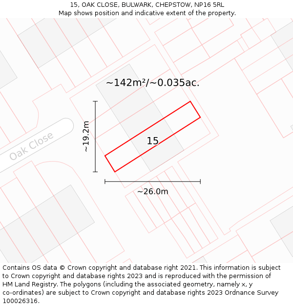 15, OAK CLOSE, BULWARK, CHEPSTOW, NP16 5RL: Plot and title map