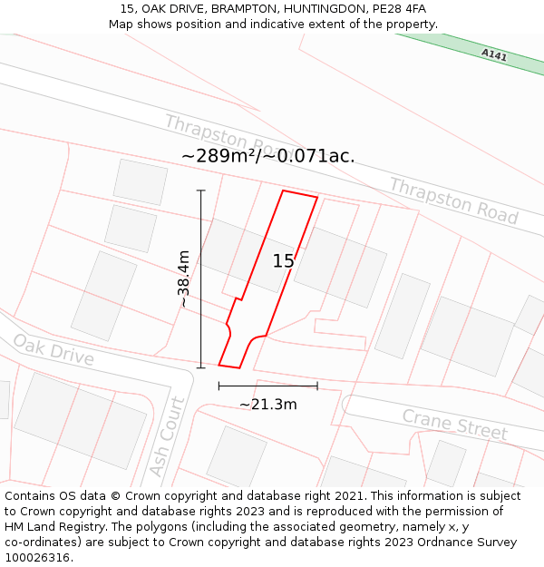 15, OAK DRIVE, BRAMPTON, HUNTINGDON, PE28 4FA: Plot and title map